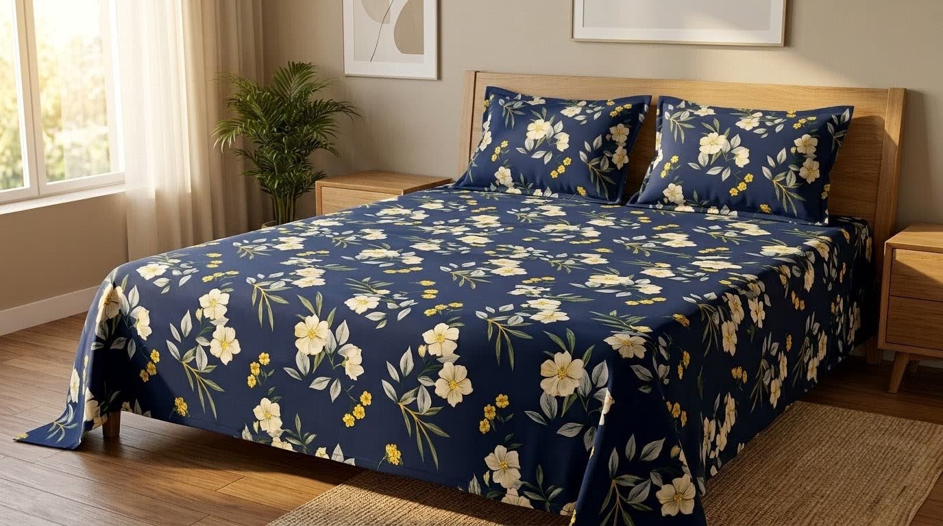 Midnight Floral Navy Blue bedsheet set in a bedroom