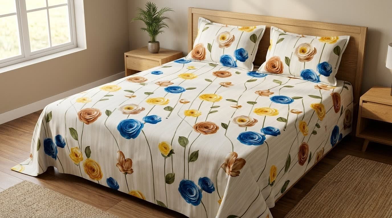 Elegant Rose Cream bedsheet set on a bed in a sunlit room